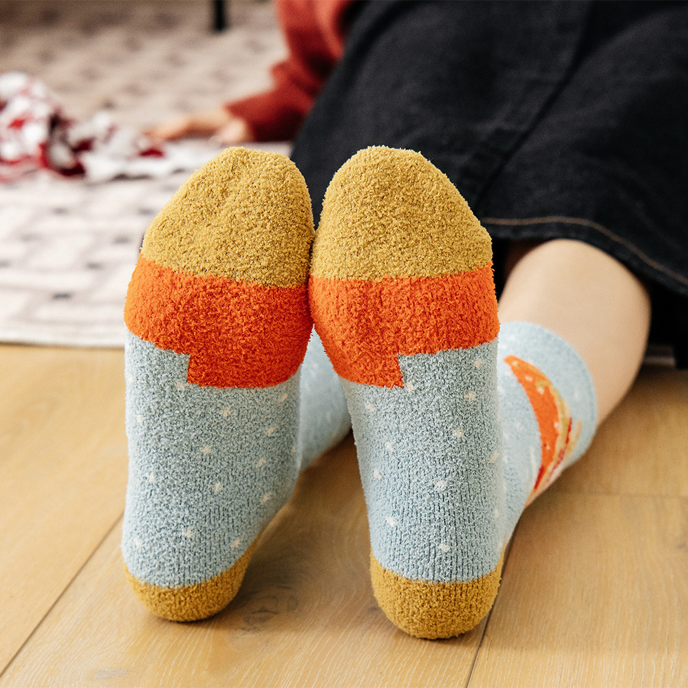 珊瑚绒袜子中筒毛圈加绒加厚居家保暖可爱睡眠袜女秋冬季地板批发