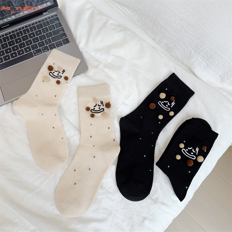 Women's Funny Embroidered Fur Ball Socks Women's Mid Tube Stockings Ins Trendy Korean Cartoon Cute Black and White Women's Socks Designer Model