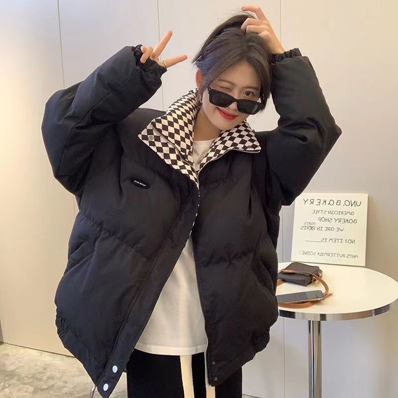 2023 Winter New Chessboard Plaid down Cotton-Padded Jacket Women's Loose BF Style Stand Collar Short Cotton Coat Cotton-Padded Jacket Thickened Puffer Jacket