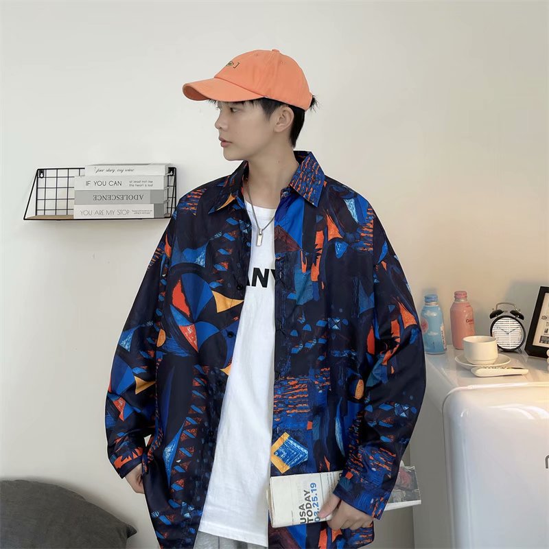 春秋季美式嘻哈男宽松长袖衬衫青少年青春流行休闲百搭潮流上衣