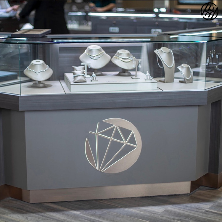 厂家定制珠宝钻石玻璃柜台展示柜带灯不锈钢木质玻璃柜钻石饰品柜