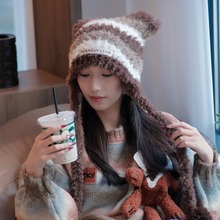 手工编织韩版设计感新潮款多巴胺帽子毛茸茸条纹甜美可爱猫耳朵帽