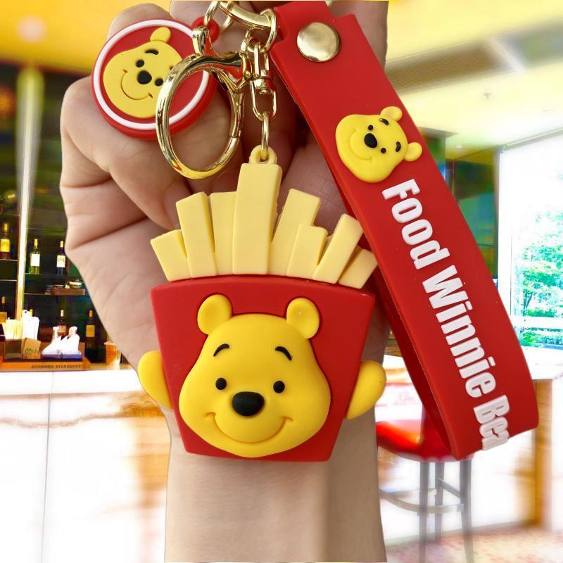 New Pooh Bear Keychain Cute Bear Donut French Fries Women's Bag Pendant Car Key Chain Small Gift