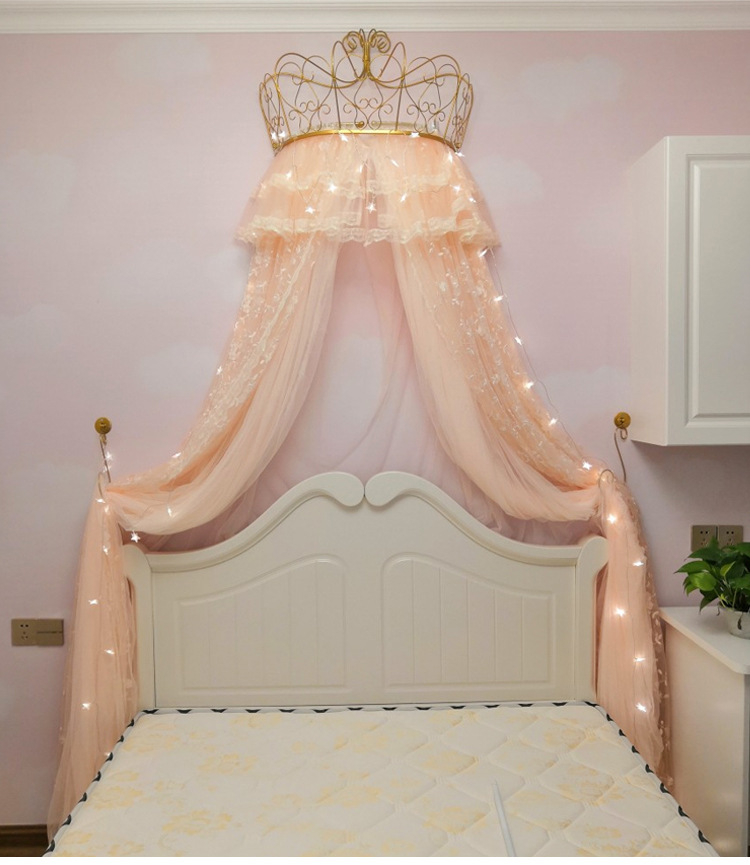 床幔床头帘宫廷公主风蕾丝装饰帘1.8m欧式纱帘皇冠支架 1.5米蚊帐