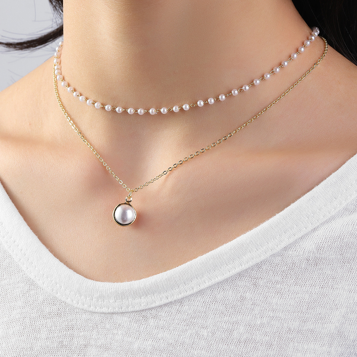 热卖珍珠项链女小众设计叠戴18k金珍珠十字链锁骨链一件代发包邮