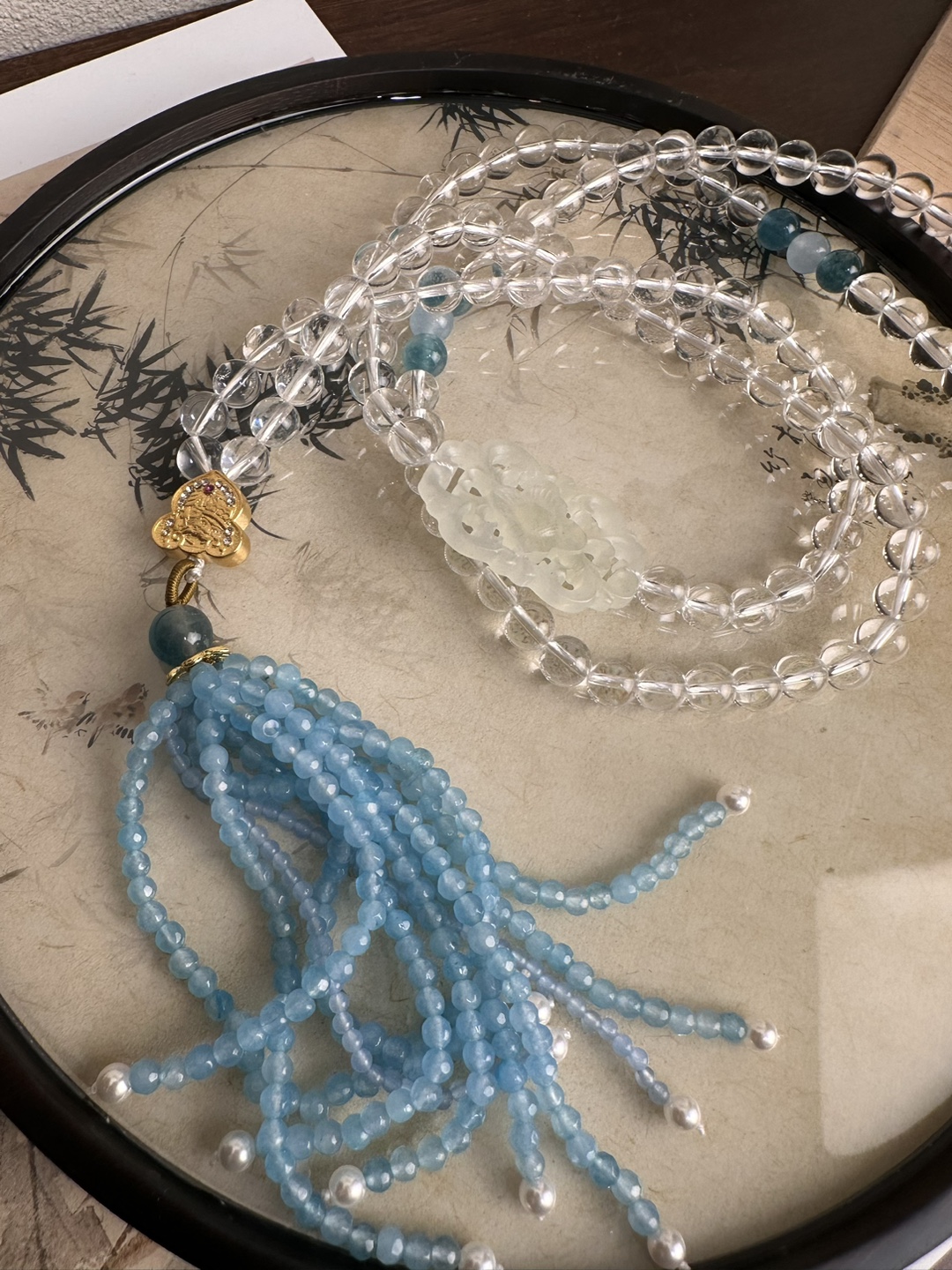 白净天然巴西净白水晶佛珠链斜挎链珍珠岫玉牌项链背背链-阿里巴巴