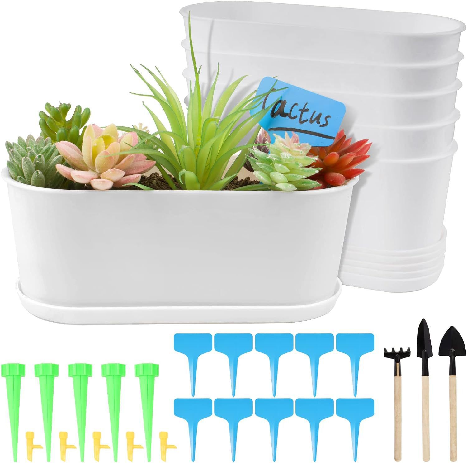 亚马逊diy种植花塑料盆套装带托盘工具标签自浇灌装置家庭小花园