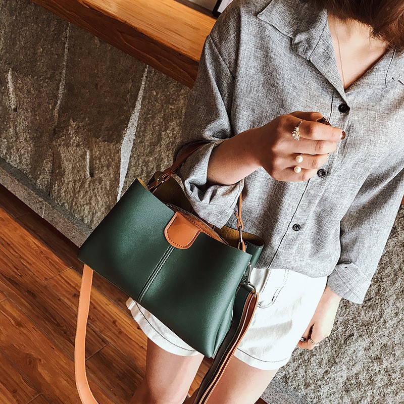 Cross-Border Fashion Bucket Bag 2022 European and American Retro Contrast Color Handbag Large Capacity Textured Travel Travel Shoulder Bag