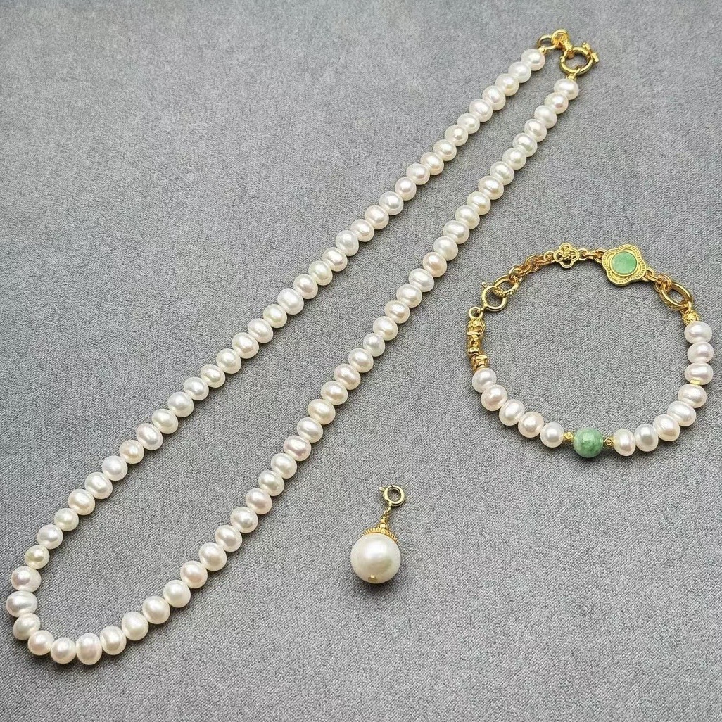 Natural Freshwater Pearl Necklace for Women S925 Silver Gold-Plated Cloisonne Baroque Pendant Jade Duobao Sweater Chain
