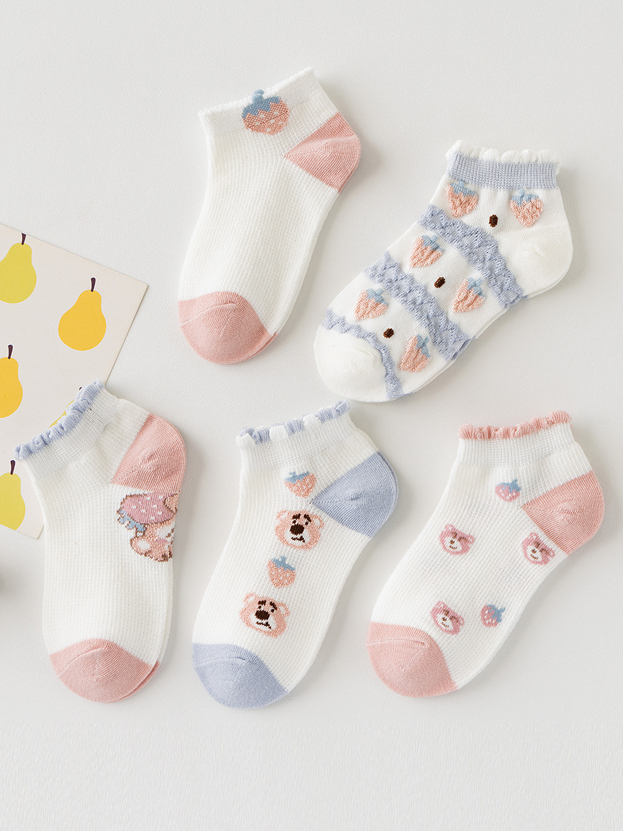 女童袜子夏季薄款纯棉网眼透气儿童短袜可爱卡通草莓女孩宝宝学生