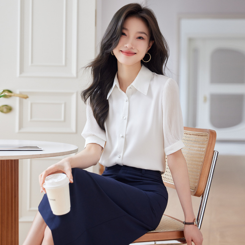 白色短袖衬衫女夏季2024夏装新款气质百搭雪纺衬衣女百搭显瘦上衣