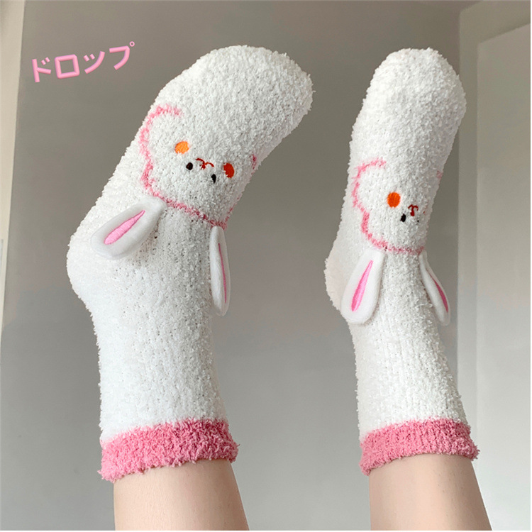 Winter New Coral Fleece Socks Japanese Three-Dimensional Cartoon Long Eared Rabbit Half Velvet Women's Mid Tube Stockings Warm Floor Socks