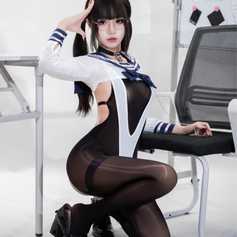 情趣内衣性感6D无缝束带挂脖连体衣透视油亮情趣黑丝油光连体衣