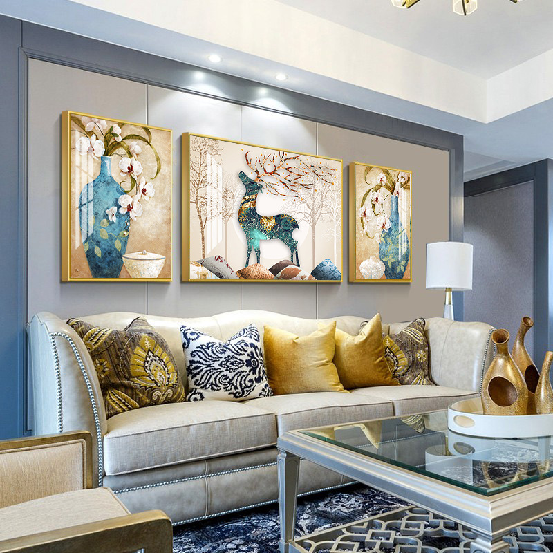 客厅装饰画镶钻晶瓷画大气招财沙发背景墙挂画玄关壁画现代三联画