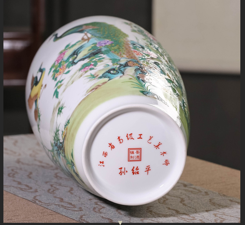 景德镇手绘粉彩孔雀鱼尾瓶新中式客厅家居酒柜装饰品陶瓷花瓶摆件