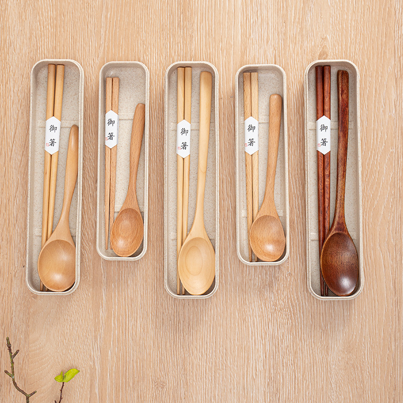 Beech Nanmu Portable Outdoor Travel Wooden Tableware Wholesale Japanese Chopsticks Wooden Spoon Primary School Student Storage Set