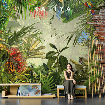 katiya北欧手绘复古植物风景砖墙壁纸客厅电视背景墙无缝壁画墙布
