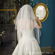 欧美新娘结婚礼拍照面纱手工艺小花波浪边双层带梳子头纱造型头饰