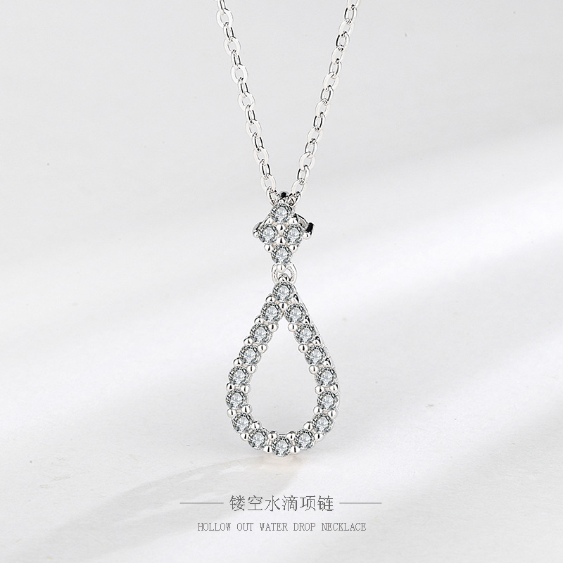 s925纯银镶钻水滴项链女款复古典雅锁骨链气质简约时尚风银饰品