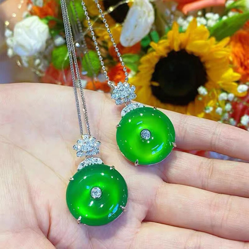 批发 马达加斯加高冰绿玉髓镶嵌平安扣吊坠 玛瑙玉石项链挂件饰品