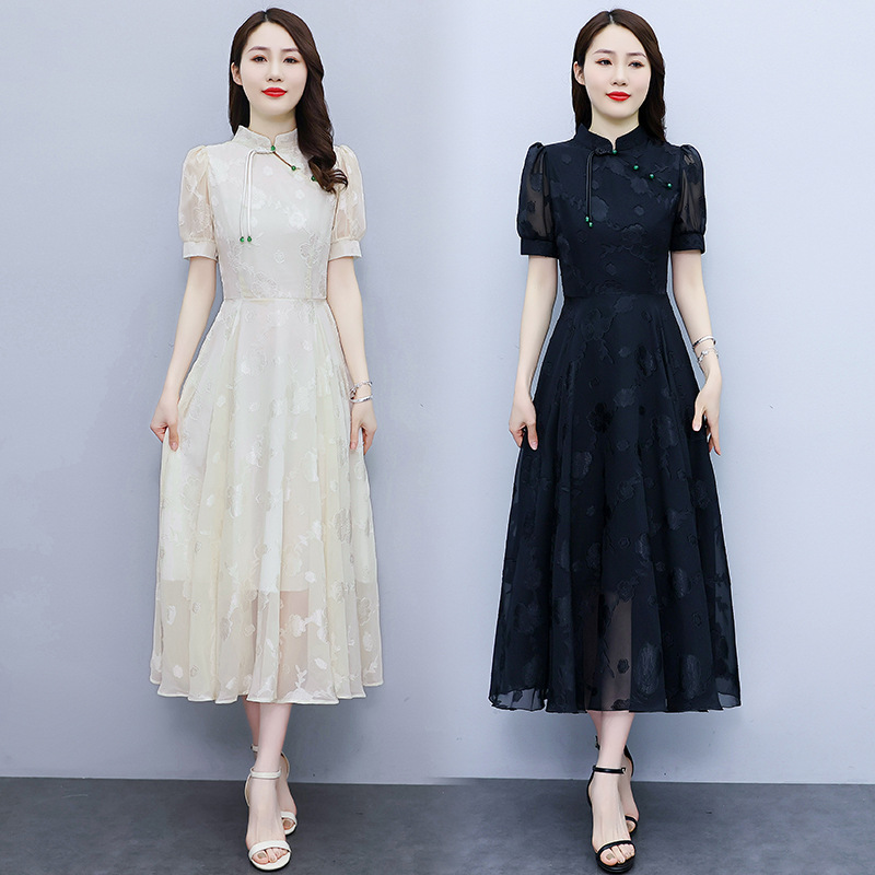 改良旗袍气质雪纺连衣裙女士2024年夏季新款中年妈妈洋气高端裙子