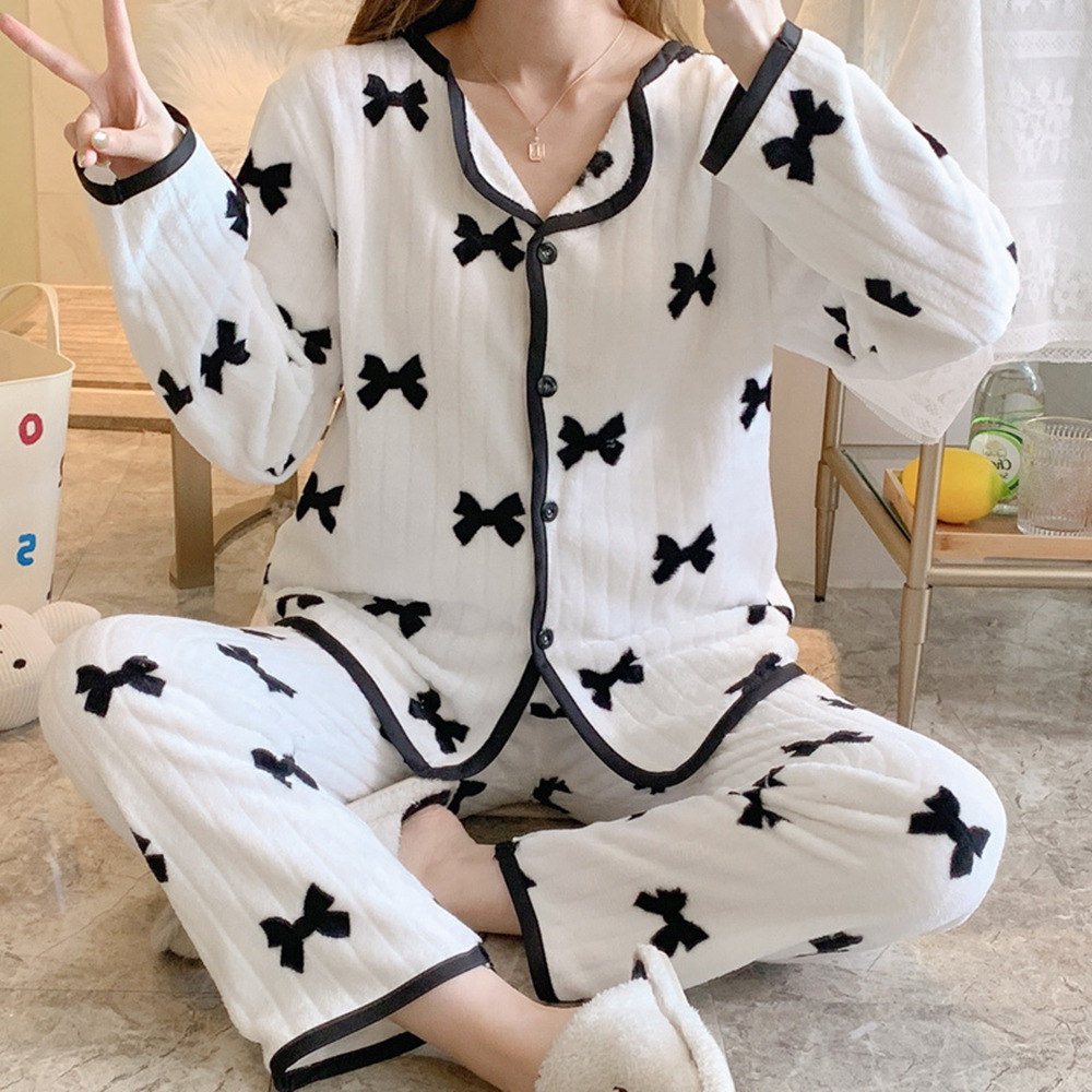 autumn and winter pajamas women‘s flannel cardigan pajamas korean-style thickened coral fleece student casual homewear suit