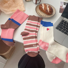 韩国学院风条纹袜子女中筒粉色爱心长袜秋冬复古学院风堆堆袜子棉