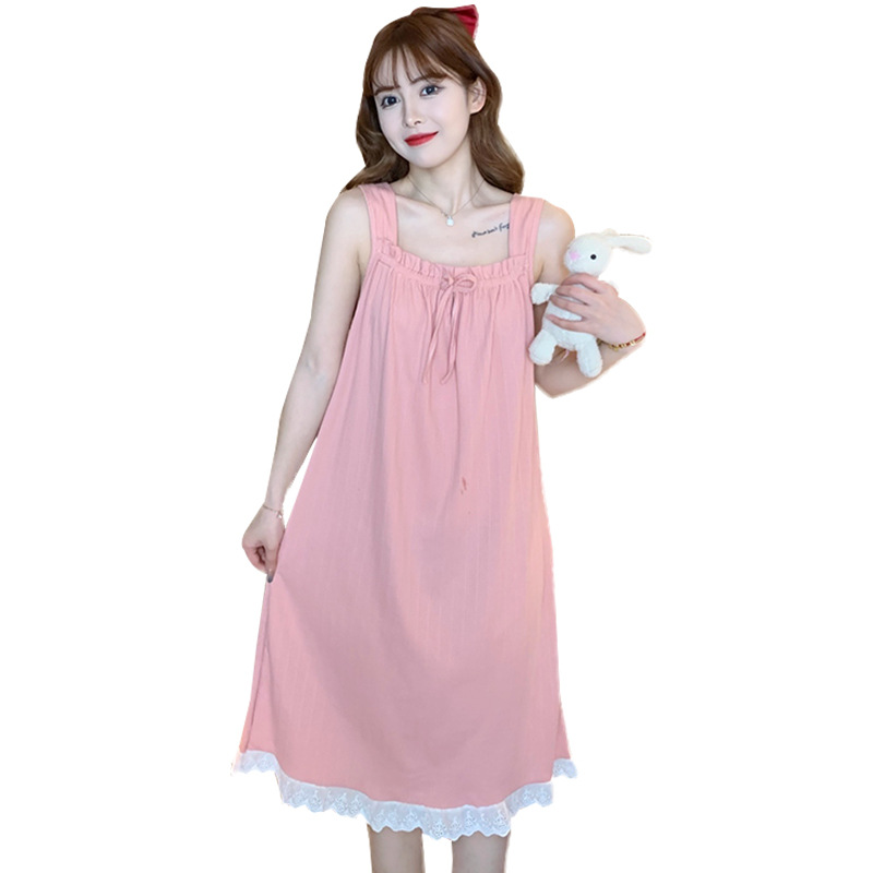 Cotton Mid-Length Nightdress Women's Summer Princess Style Sexy Sling Pajamas Solid Color Loose Thin Homewear Can Be Worn outside
