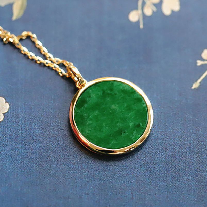 【圆满】仿天然满绿玉髓平安扣圆牌吊坠镀s925纯银镶嵌阳绿无事牌
