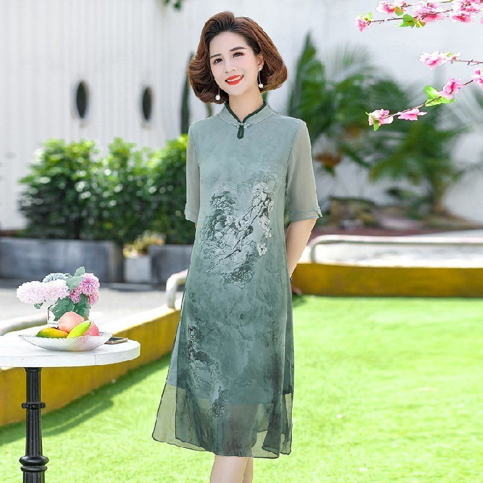 2023 Summer New Printed Half Sleeve Commuter Mom Mid-Length Modified Summer Cheongsam Dress for Women