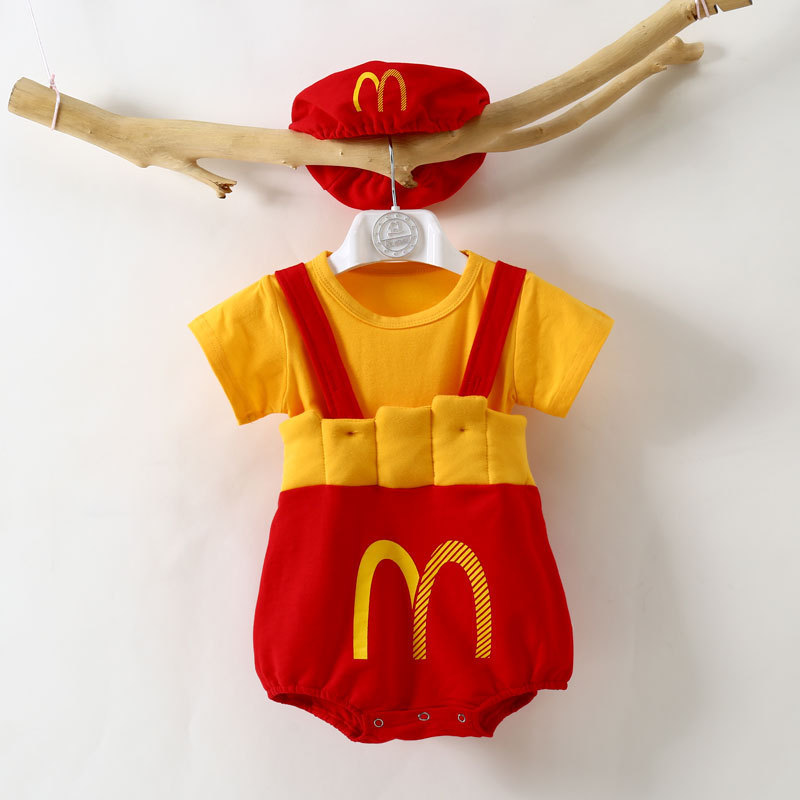 Foshan 2023ins Autumn Infant Rompers Boys and Girls Baby French Fries Strap Rompers Jumpsuit Get Hat for Free Baby Clothes