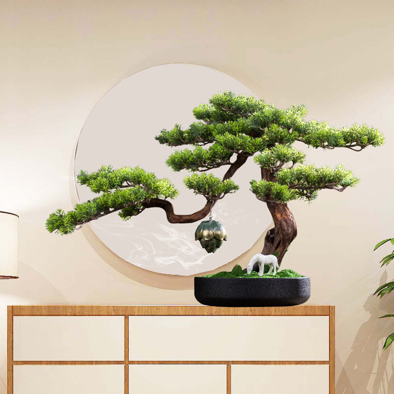 禅意仿真盆景绿植新中式迎客松摆件玄关装饰客厅家居酒店用品软装