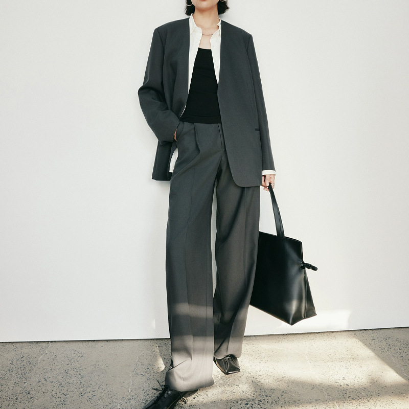 日本美丽诺羊毛 日式极简风无领西装/白腰头西裤休闲通勤西服套装