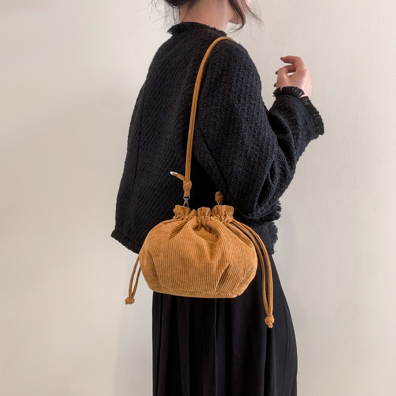 Wholesale Cross-Border Bag Women's Corduroy Drawstring Xiaofu Bag Fashion Drawstring Bucket Bag Shoulder Messenger Handbag