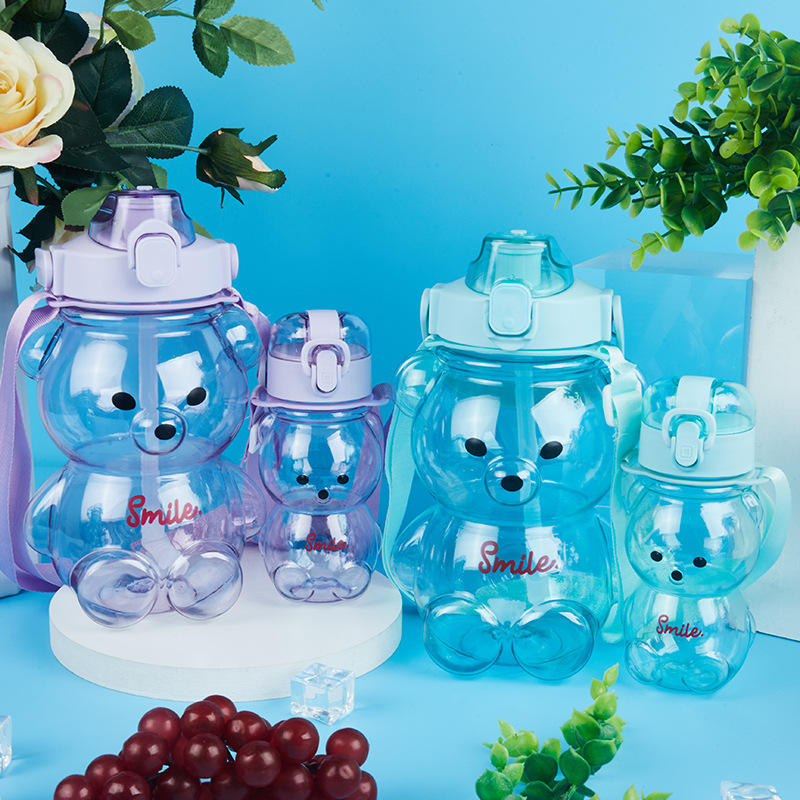 Transparent Cup Set Bear Big Belly Cup Export Girls Good-looking Summer Cute Water Bottle Straw Anti-Fall Cup