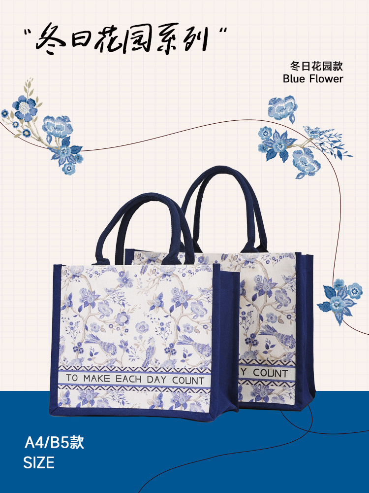 Blue Winter Garden Canvas Bag Tote Bag Large Capacity Student Handbag Portable Daily Floral Canvas Bag