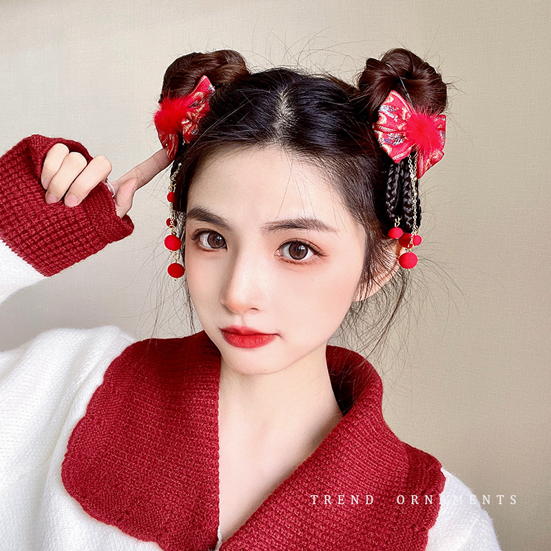 虎年大吉饰品过年头饰中国风红色流苏发圈女丸子头古风新年发饰