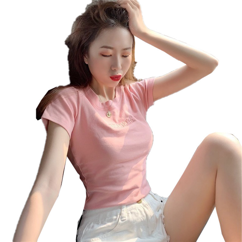 Wholesale 2024 Summer New Korean Style Letter Embroidered Slim-Fit Short-Sleeved T-shirt Female Student Top Foreign Trade Women's Fashion