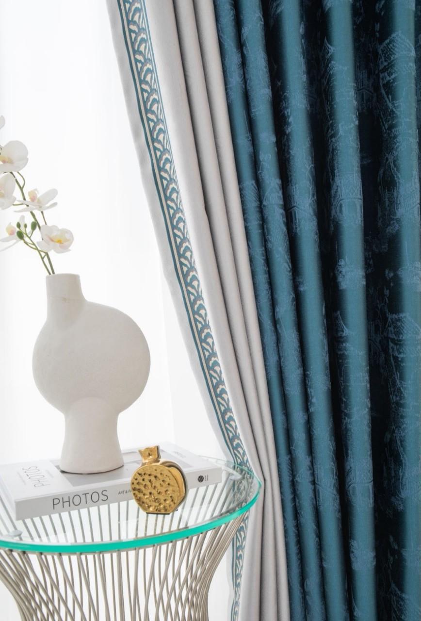 新中式高精密提花无缝拼接卧室客厅遮光隔音布艺记忆定型成品窗帘