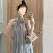 挂脖连衣裙女装2025新款韩版重工钉珠手工奥钻气质无袖裙子潮