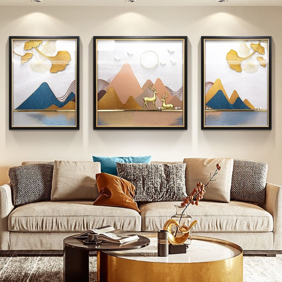 沙发背景墙装饰画客厅挂画山水风景立体实物壁画三联