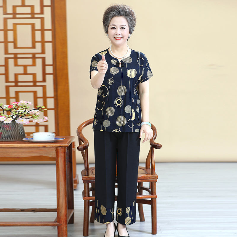 中老年人夏装女装60-80岁老人衣服奶奶两件套装妈妈短袖t恤棉麻