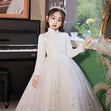 儿童礼服白色女童长袖加厚公主裙小女孩主持人花童钢琴演出服冬季