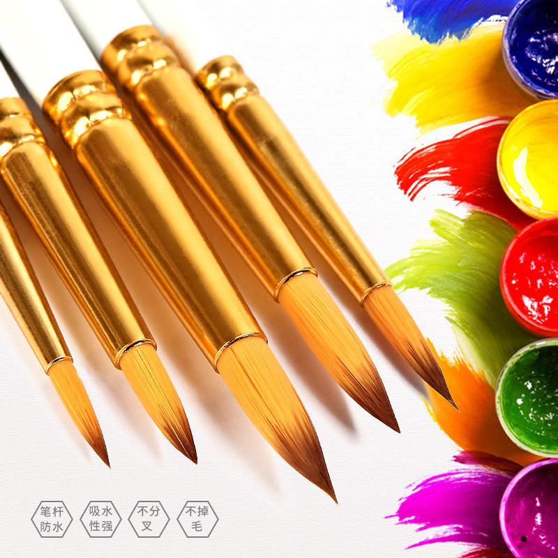 跨境专供5支尼龙画笔 珠光白木杆美术画刷颜料画笔水彩笔套装批发