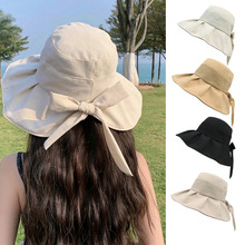 新款防晒帽女士夏季防紫外线蝴蝶结渔夫帽遮脸大帽檐遮阳帽子