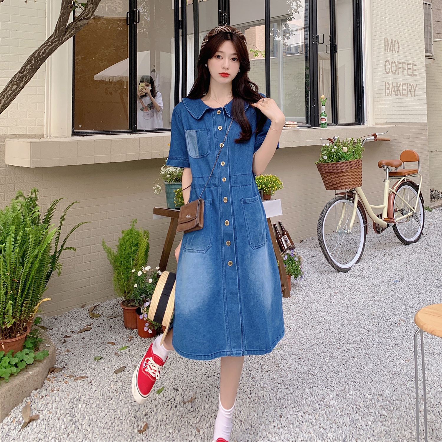 实拍~大码女装夏季新款蓝色牛仔连衣裙胖mm藏肉显瘦过膝直筒裙