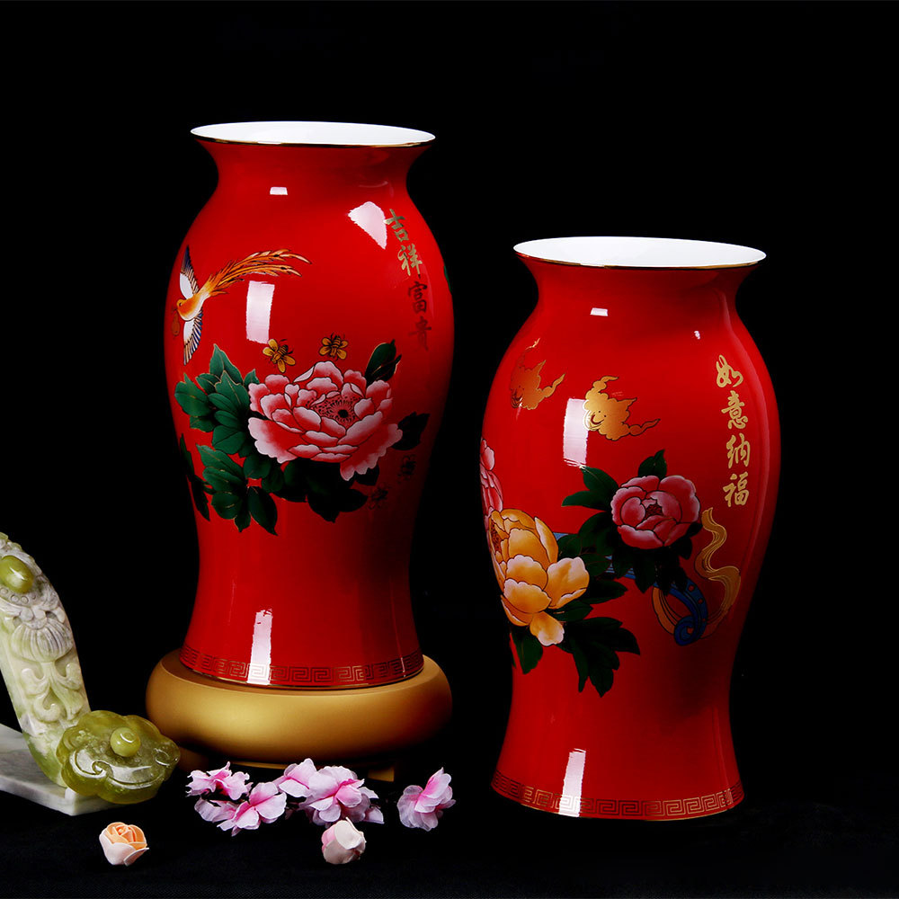 吉祥富贵如意纳福贵妃瓶釉下红瓷花瓶摆件中国红礼品瓷家居装饰