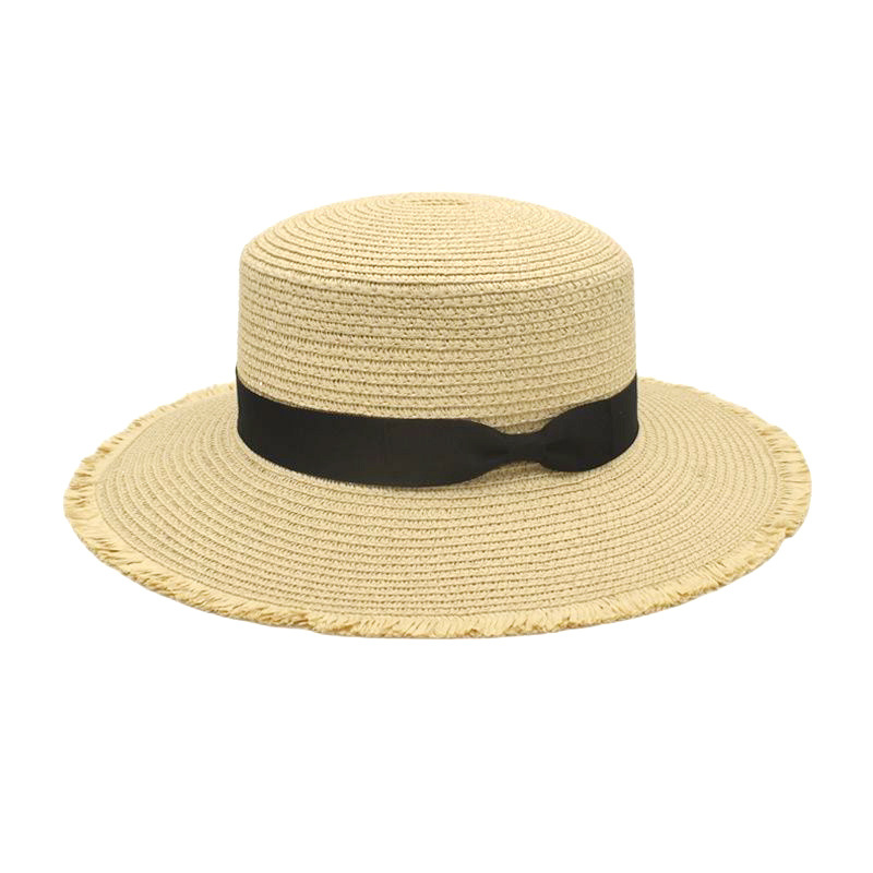 Korean Style Spring and Summer Bow Straw Hat Men's and Women's British Retro Flat Top Hat Outdoor Sun-Shade Sun Protection Beach Hat Fashion