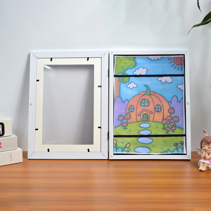 儿童绘画涂鸦相框亚马逊a4翻盖手工装裱画框摆台密度板磁吸画框