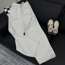 新款时尚原单灰白色牛仔裤阔腿裤拖地裤